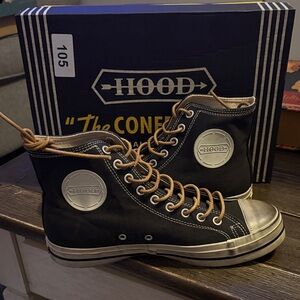 Distressed  High-Top Canvas hood  Sneakers in Black with Tan Laces